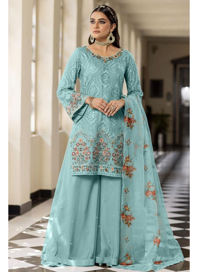 Georgette Sky Blue Festival Wear Embroidery Work Pakistani Suit